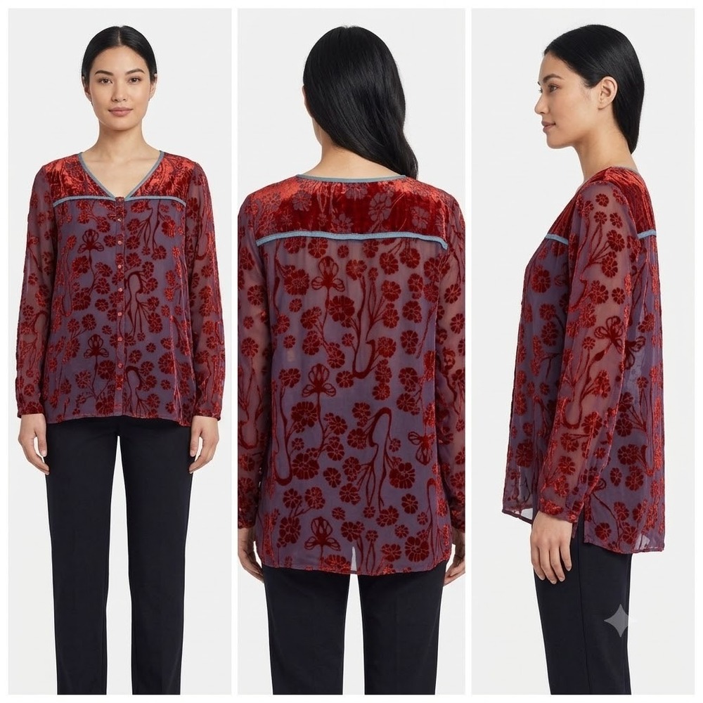 Sundance Abbie Velvet Blouse Top Womens XL Red Long Sleeve Burnout Floral Lined
